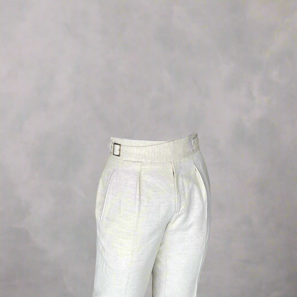 Ecru Linen Blend High-Waisted Trousers – Double Pleats & Buckle Adjusters