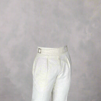 Ecru Linen Blend High-Waisted Trousers – Double Pleats & Buckle Adjusters