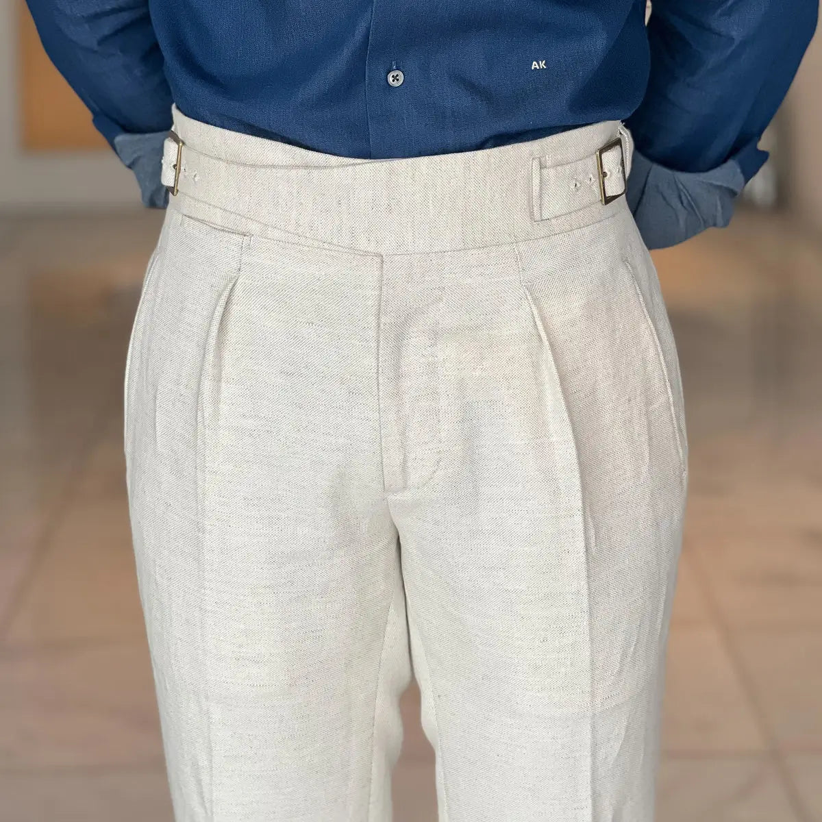 Ecru Linen Blend High-Waisted Trousers – Double Pleats & Buckle Adjusters