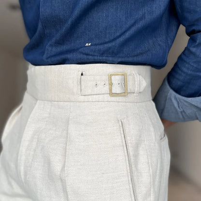Ecru Linen Blend High-Waisted Trousers – Double Pleats & Buckle Adjusters