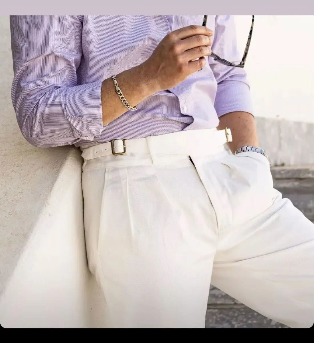 White High-Waisted Classic Double Pleats & Side Buckle Adjusters