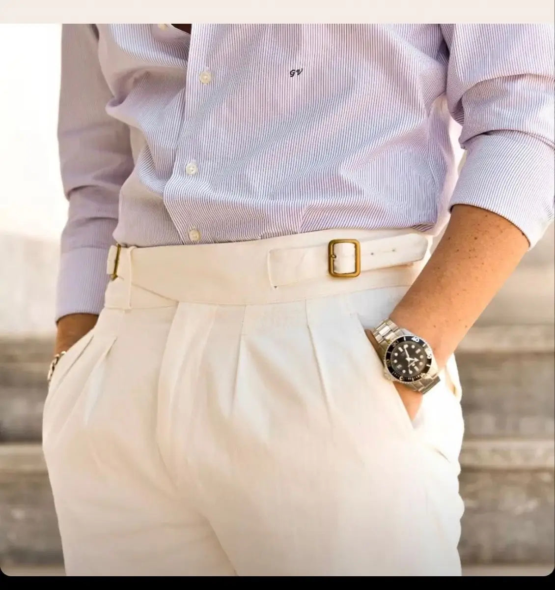 White High-Waisted Classic Double Pleats & Side Buckle Adjusters