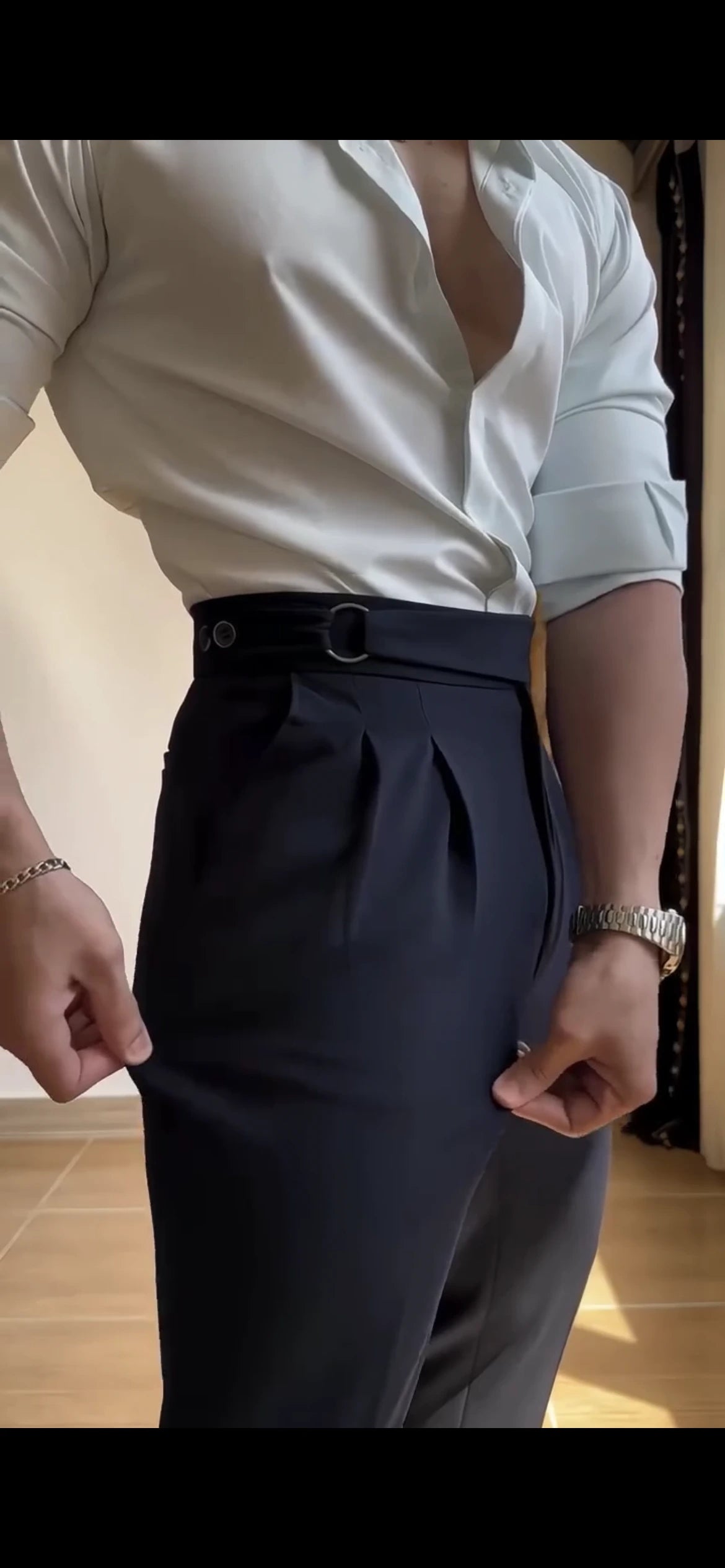 Midnight High-Waisted Trousers Double Pleats with D-Ring Side Adjusters