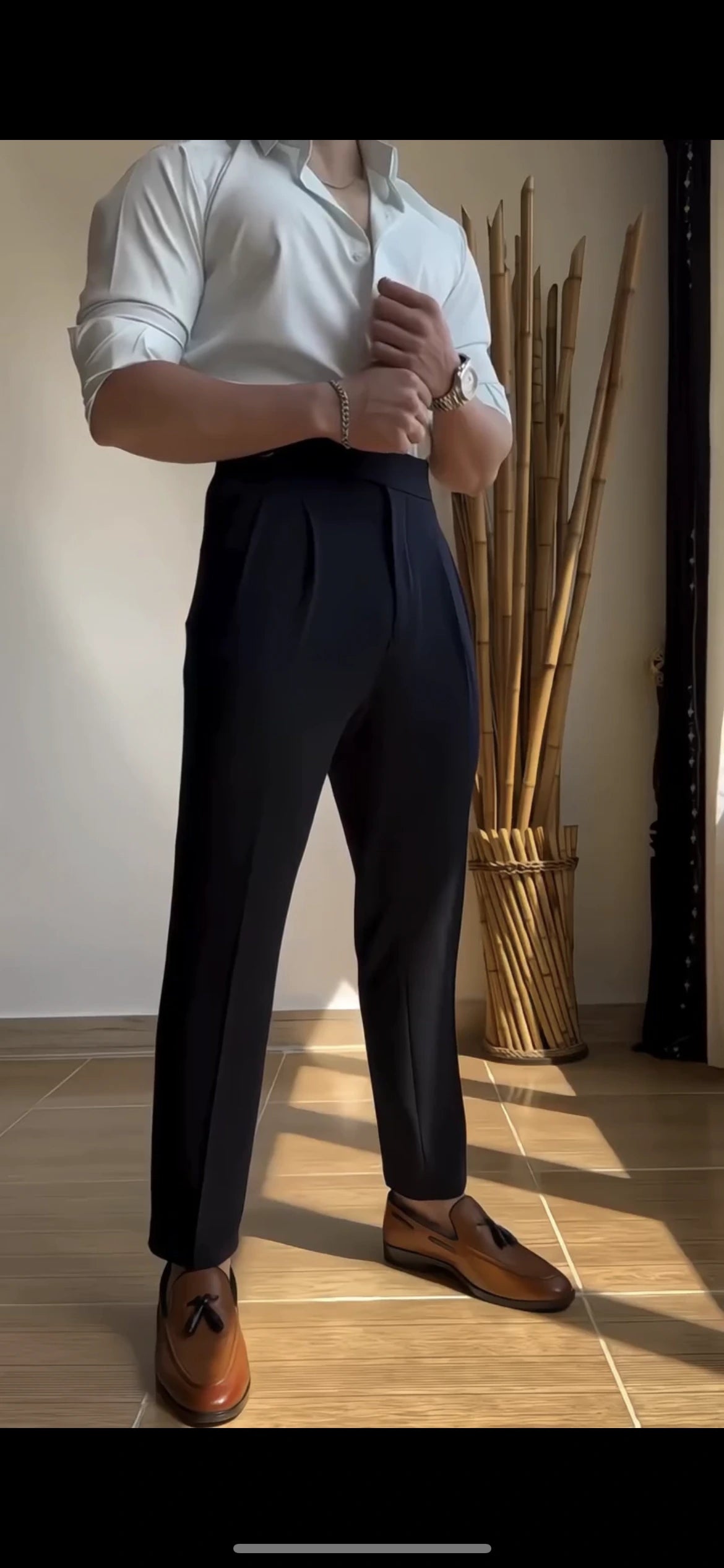 Midnight High-Waisted Trousers Double Pleats with D-Ring Side Adjusters