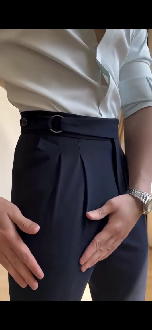 Midnight High-Waisted Trousers Double Pleats with D-Ring Side Adjusters