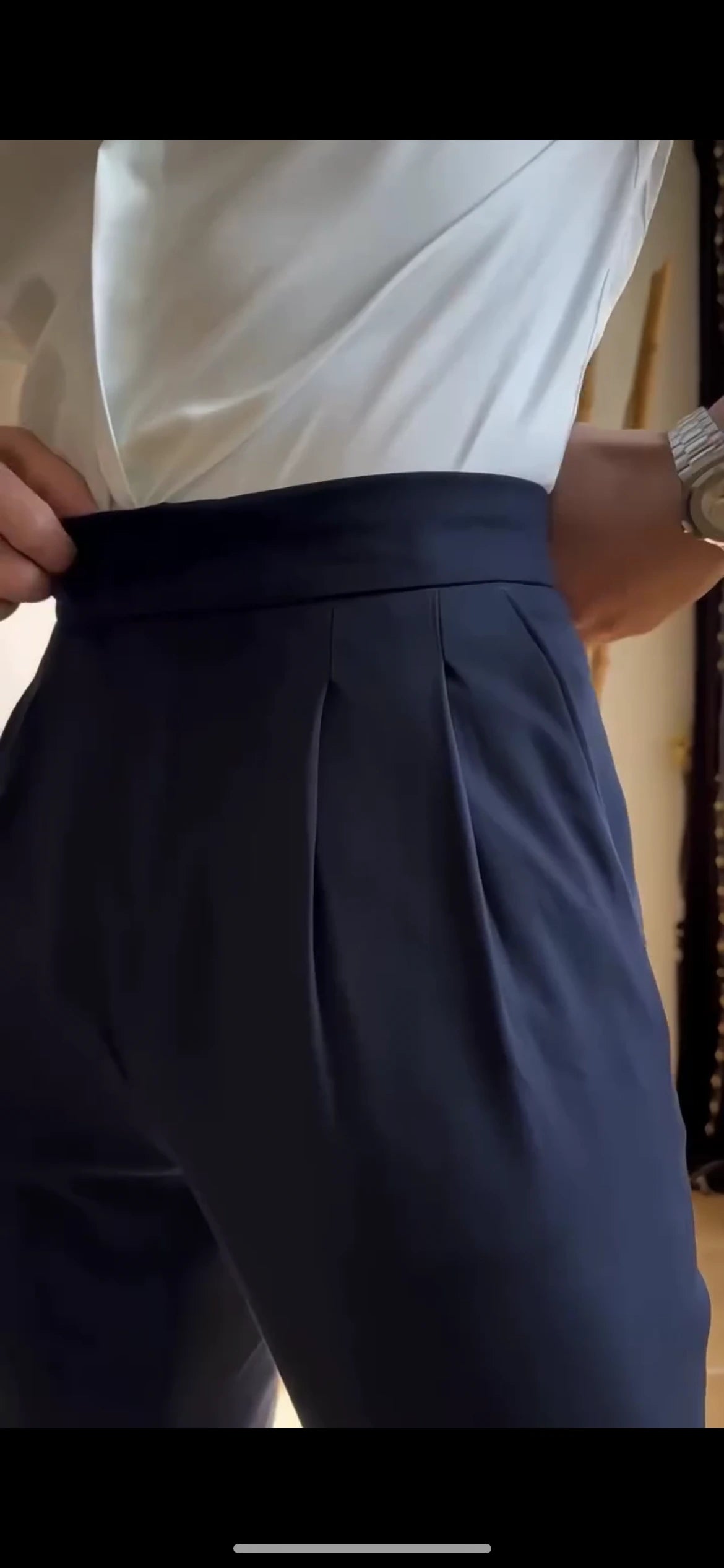 Midnight High-Waisted Trousers Double Pleats with D-Ring Side Adjusters