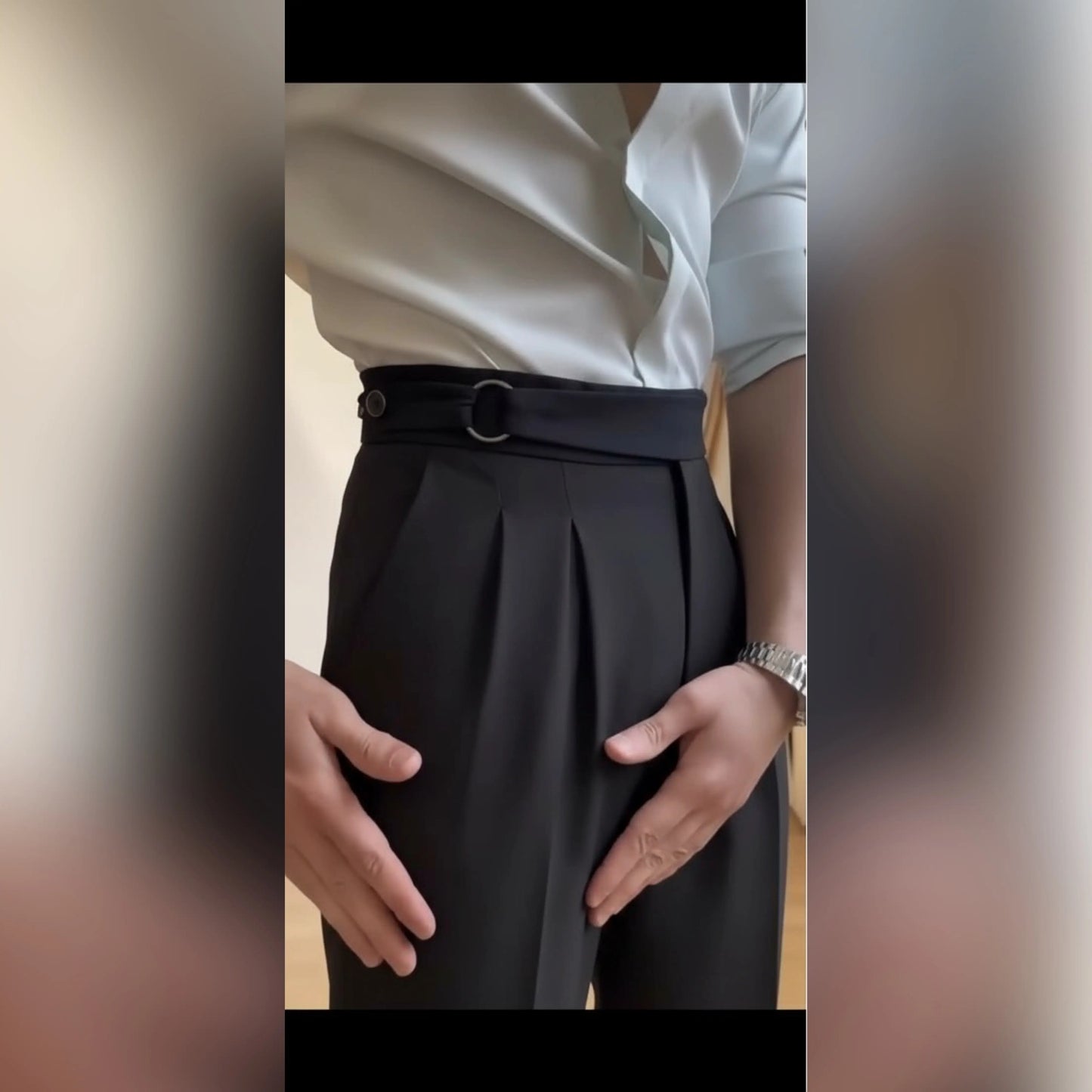 Midnight High-Waisted Trousers Double Pleats with D-Ring Side Adjusters