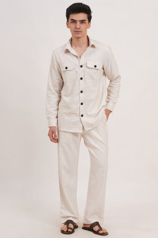 Men’s Warm Ivory Linen Blend Co-ords set Breathable & Stylish Two-Piece Outfit - Adam Spirit