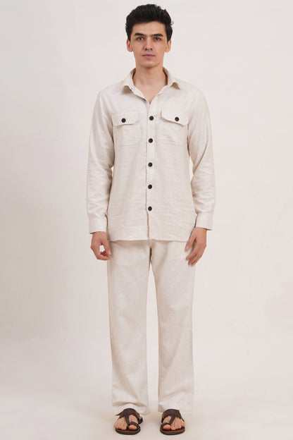 Men’s Warm Ivory Linen Blend Co-ords set Breathable & Stylish Two-Piece Outfit - Adam Spirit