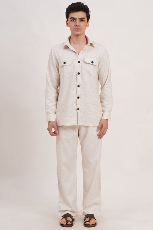 Men’s Warm Ivory Linen Blend Co-ords set Breathable & Stylish Two-Piece Outfit - Adam Spirit