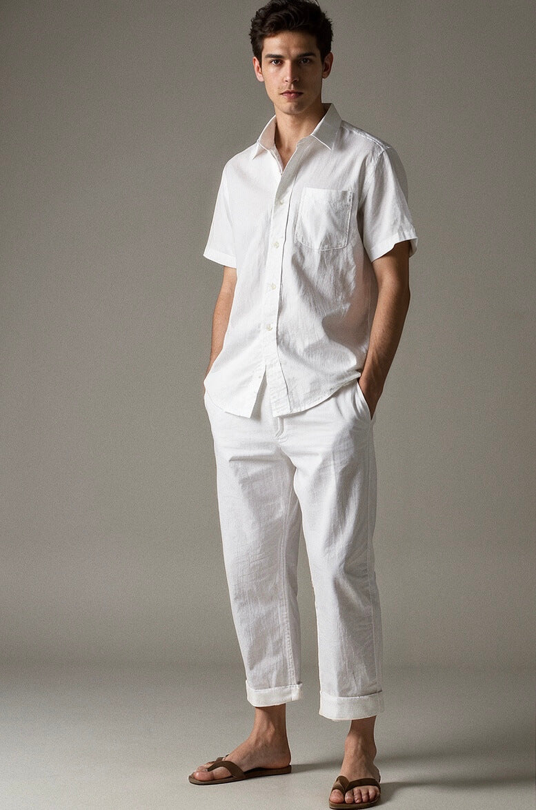 Men’s White Linen Co-ords set  Breathable & Stylish Two-Piece Outfit - Adam Spirit