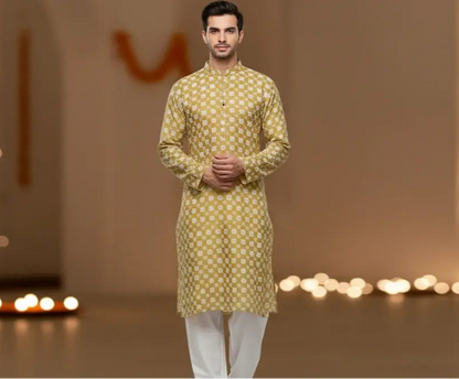 Men’s Yellow Chikankari Kurta Pajama Set – Handmade Ethnic Wear for Wedding, Festive & Traditional Occasions - Adam Spirit