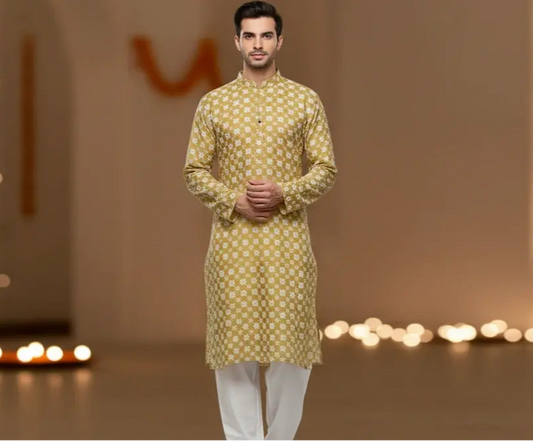 Men’s Yellow Chikankari Kurta Pajama Set – Handmade Ethnic Wear for Wedding, Festive & Traditional Occasions - Adam Spirit