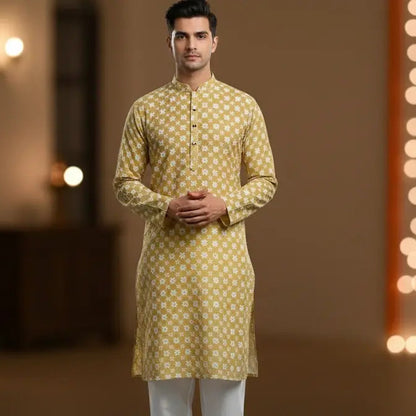 Men’s Yellow Chikankari Kurta Pajama Set – Handmade Ethnic Wear for Wedding, Festive & Traditional Occasions - Adam Spirit