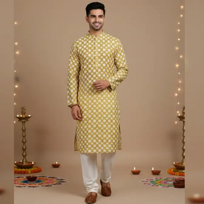 Men’s Yellow Chikankari Kurta Pajama Set – Handmade Ethnic Wear for Wedding, Festive & Traditional Occasions - Adam Spirit
