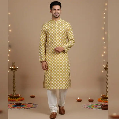 Men’s Yellow Chikankari Kurta Pajama Set – Handmade Ethnic Wear for Wedding, Festive & Traditional Occasions - Adam Spirit