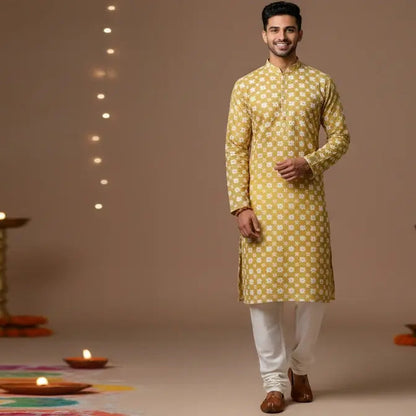 Men’s Yellow Chikankari Kurta Pajama Set – Handmade Ethnic Wear for Wedding, Festive & Traditional Occasions - Adam Spirit