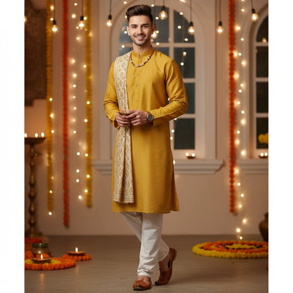 Men’s Yellow Kurta Pajama Set – Elegant Ethnic Wear for Weddings, Festive, and Traditional Occasions - Adam Spirit
