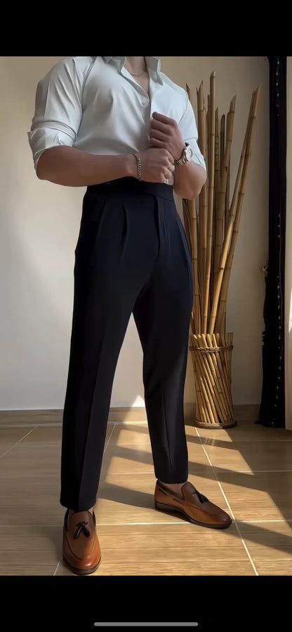 Midnight High-Waisted Trousers Double Pleats with D-Ring Side Adjusters - Adam Spirit