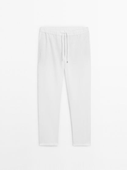 White Linen Drawstring Pants  Relaxed Fit Summer Bottoms for Effortless Comfort - Adam Spirit