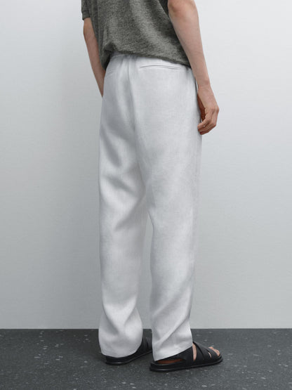 White Linen Drawstring Pants  Relaxed Fit Summer Bottoms for Effortless Comfort - Adam Spirit
