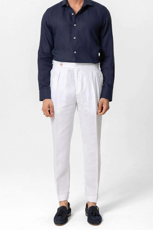 White Linen Gurkha Pants Single Button & Side Adjusters | by Adam Spirit - Adam Spirit