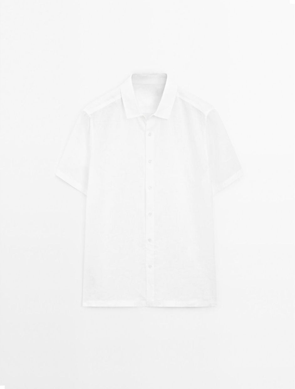 White Linen Shirt  Relaxed Fit Half Sleeves - Adam Spirit