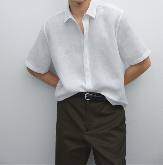 White Linen Shirt  Relaxed Fit Half Sleeves - Adam Spirit