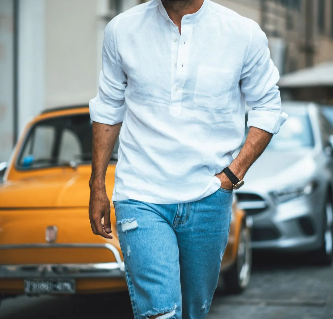 White Linen Shirt  Short Kurta Style - Adam Spirit