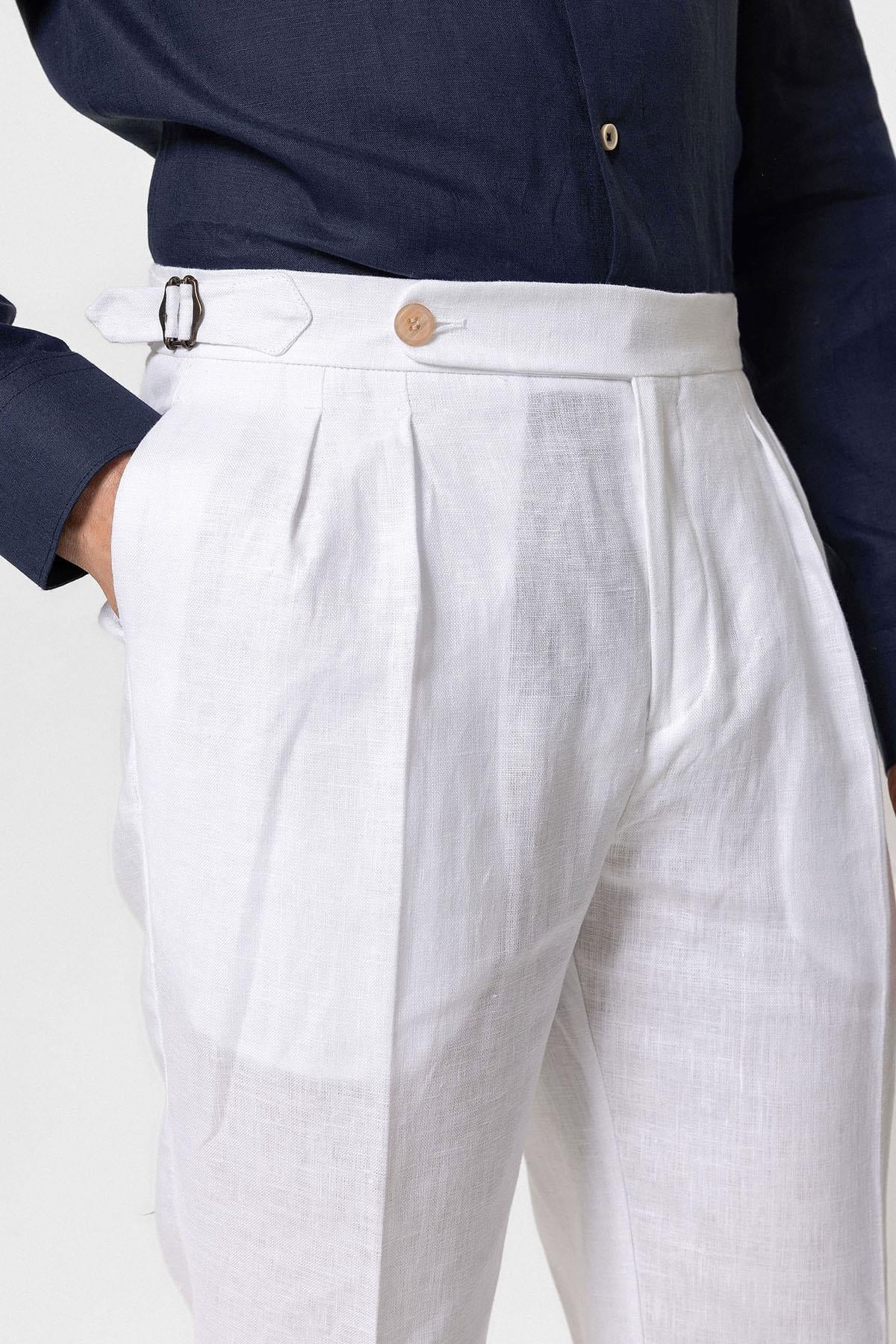 White Linen Gurkha Pants – Side Adjusters & Single Front Button (Premium) - Adam Spirit