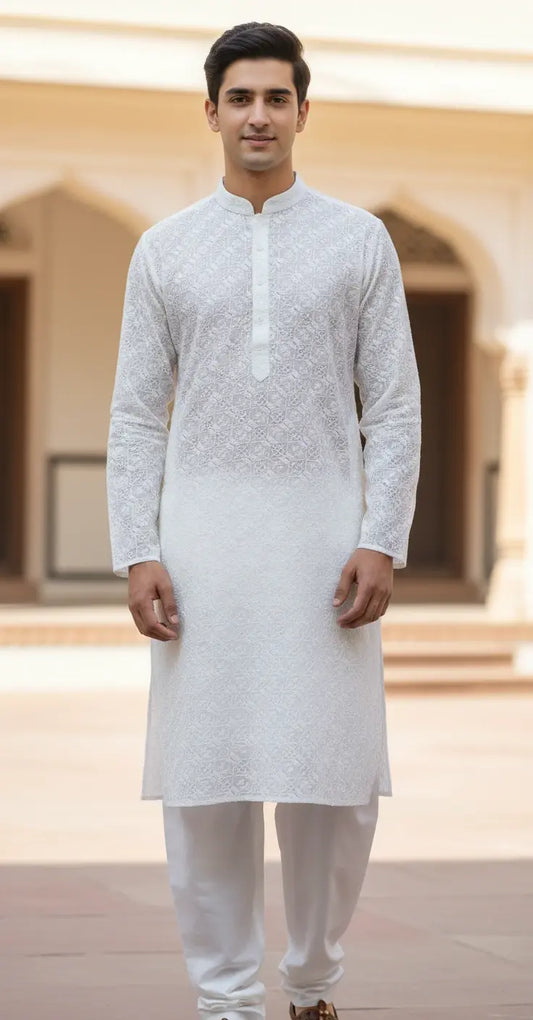 Men’s White Chikankari Kurta Pajama Set – Handmade Ethnic Wear for Wedding, Festive & Traditional Occasions