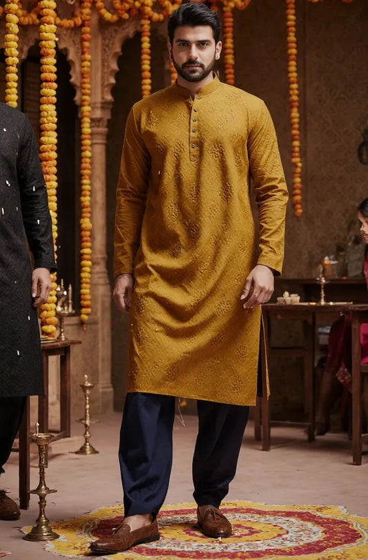 Men’s Mustard Yellow Embroidered Kurta Pajama – Festive Ethnic Wear for Weddings, Diwali & Traditional Occasions