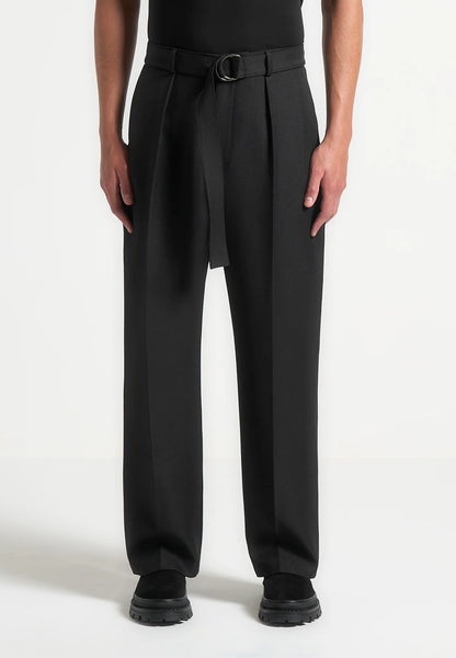 Black Textured Belted Tailored Trousers - Relaxed Fit - Adam Spirit