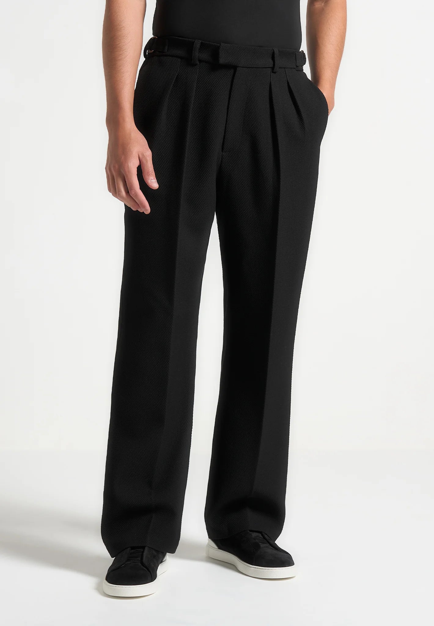 Black Textured Twin Pleat Tailored Trousers -  Relaxed Fit - Adam Spirit