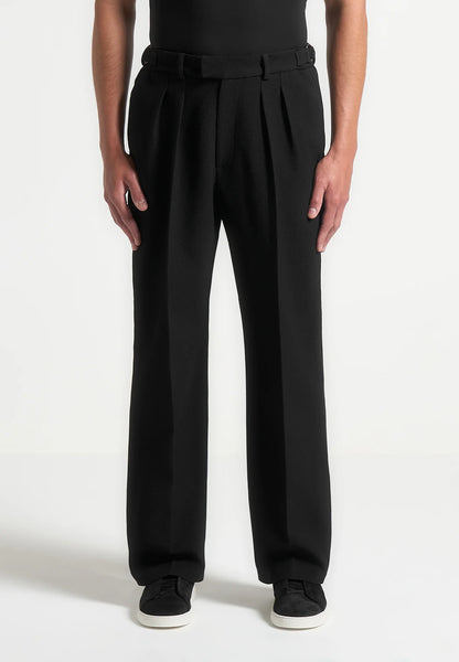 Black Textured Twin Pleat Tailored Trousers -  Relaxed Fit - Adam Spirit