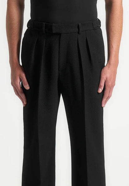 Black Textured Twin Pleat Tailored Trousers -  Relaxed Fit - Adam Spirit
